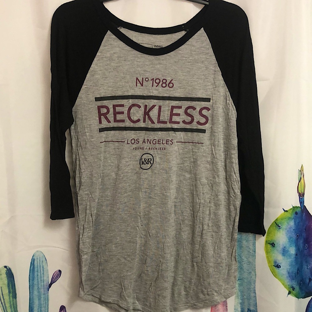 Small Grey Young & Reckless 3/4 Sleeve Tee. Maroon Writing Black Sleeves.